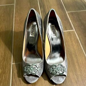 Badgley Mischka silver shimmer embellishment heels. In excellent condition